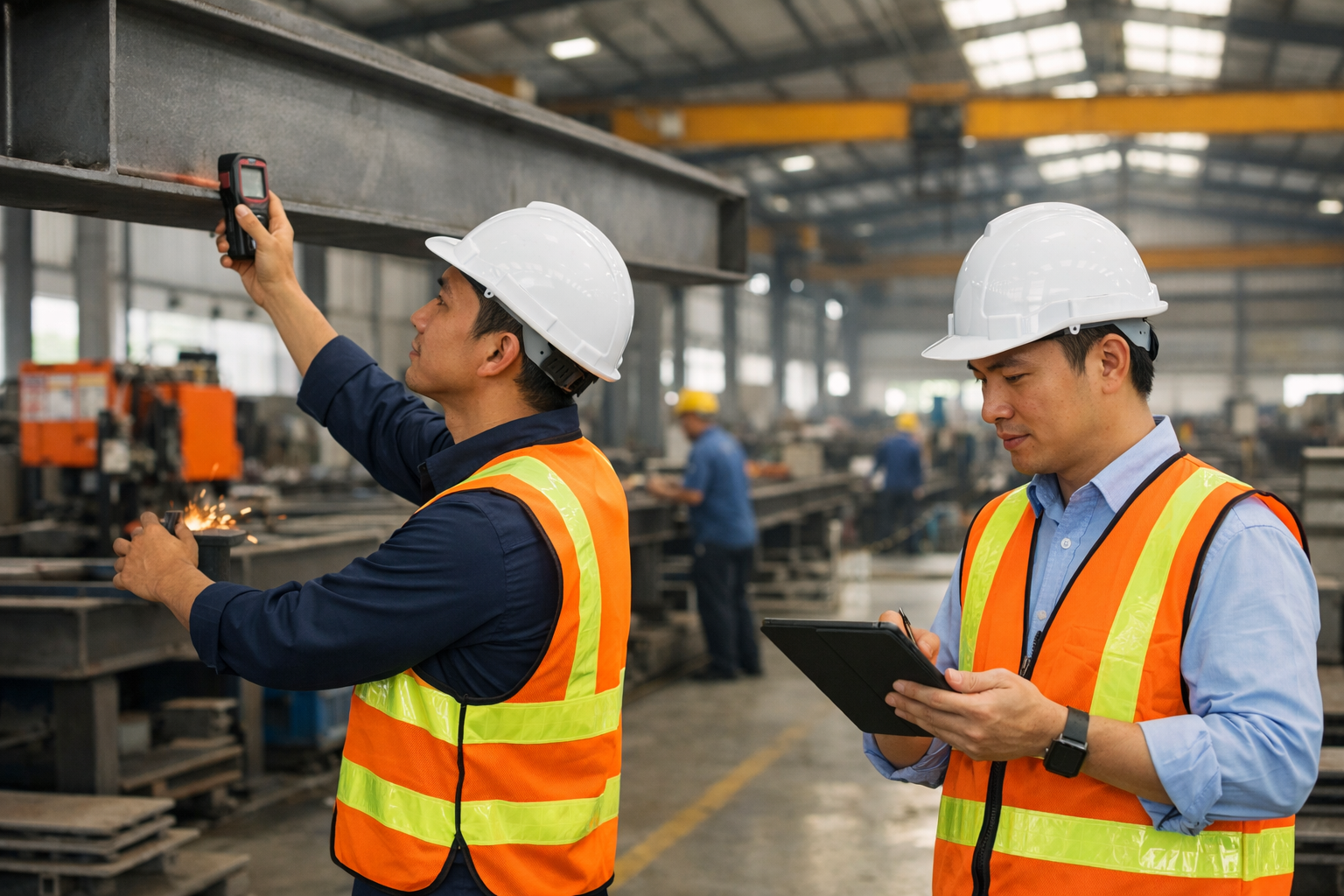 Kỹ sư kiểm định xưởng đang đo đạc kết cấu cột thép và đánh giá an toàn chịu lực