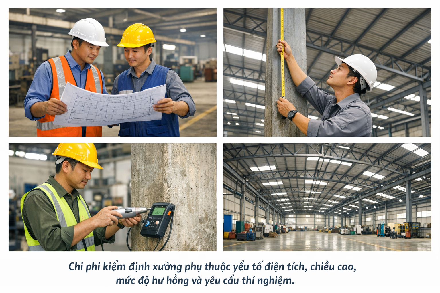Infographic quy trình kiểm định xưởng gồm khảo sát hiện trạng, đo đạc cấu kiện, thí nghiệm bê tông và tính toán khả năng chịu lực