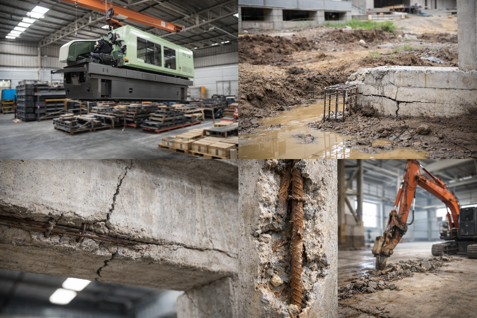 Vết nứt lớn trên cột bê tông trong xưởng sản xuất – dấu hiệu cần kiểm định kết cấu ngay