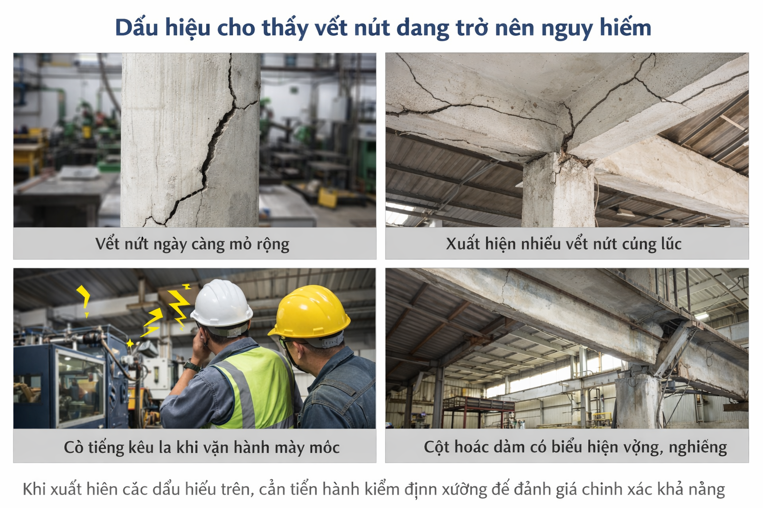 Dấu hiệu nứt cột dầm xưởng đang trở nên nguy hiểm và cần kiểm định kết cấu ngay