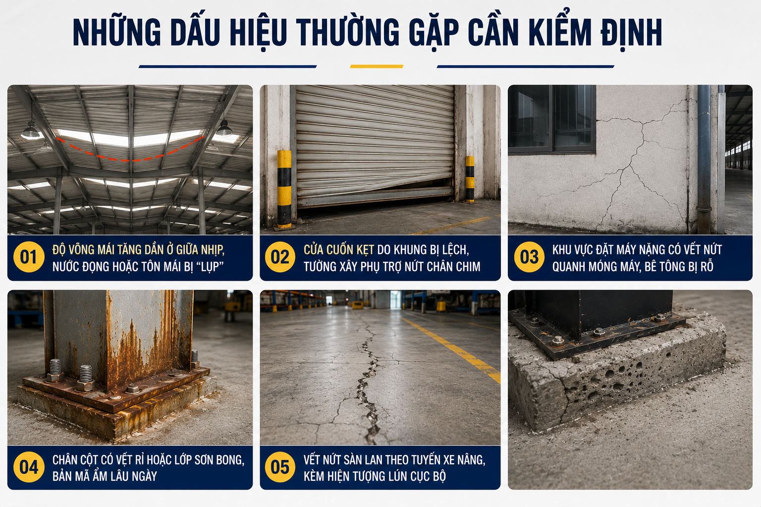 Các dấu hiệu cần kiểm định nhà xưởng như võng mái, cửa cuốn bị lệch, nứt tường, nứt sàn, chân cột rỉ sét, bê tông móng máy hư hỏng và hiện tượng lún cục bộ trong công trình công nghiệp.