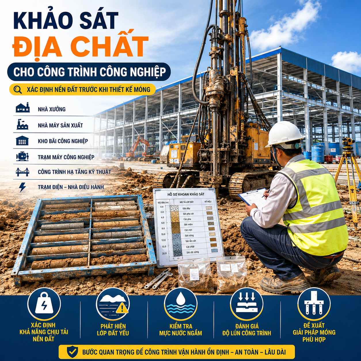 Khảo sát địa chất công trình công nghiệp bằng phương pháp khoan khảo sát địa chất phục vụ thiết kế móng nhà xưởng, nhà máy, kho bãi và công trình hạ tầng kỹ thuật.