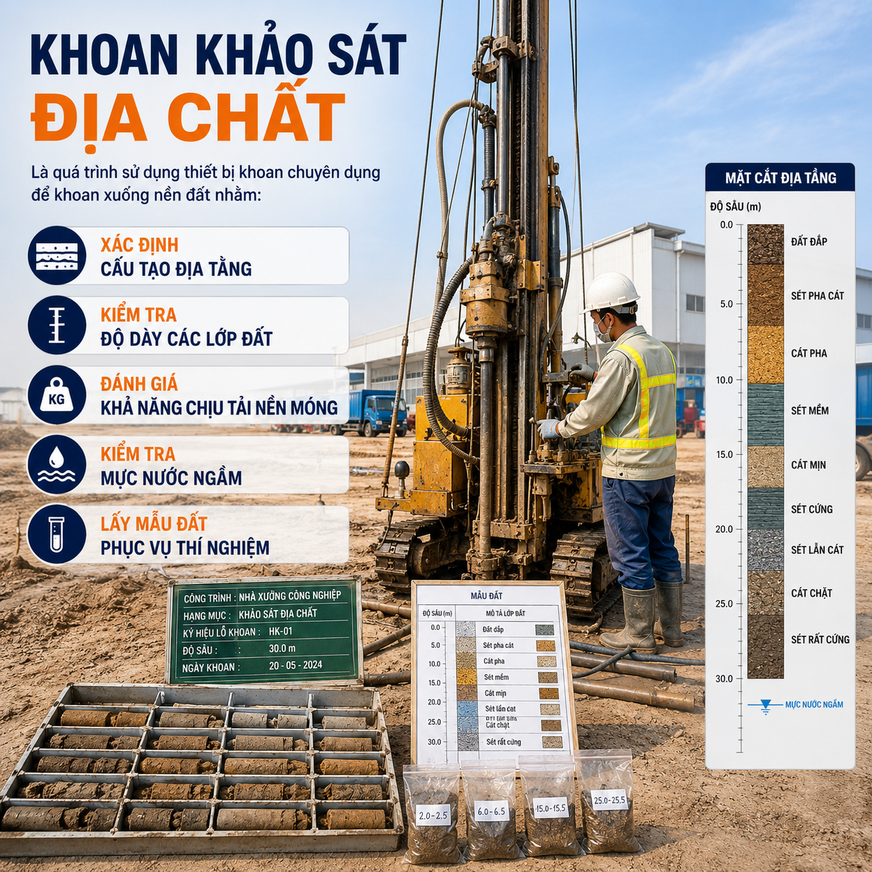 Khoan khảo sát địa chất công trình bằng thiết bị khoan chuyên dụng nhằm xác định cấu tạo địa tầng, kiểm tra độ dày các lớp đất, đánh giá khả năng chịu tải nền móng, mực nước ngầm và lấy mẫu đất phục vụ thí nghiệm.