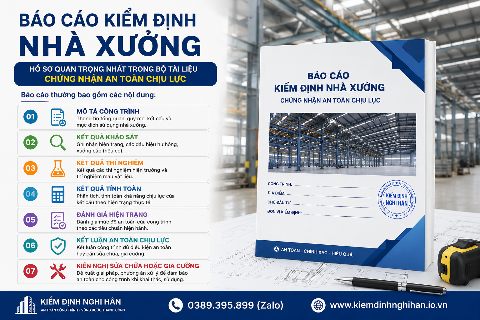 Báo cáo kiểm định nhà xưởng gồm khảo sát thí nghiệm tính toán và đánh giá an toàn chịu lực công trình