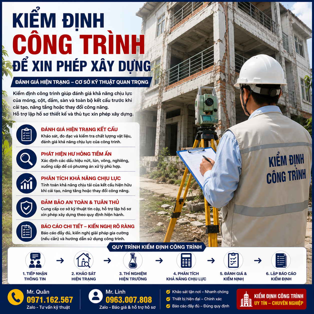 Kỹ sư kiểm định công trình để xin phép xây dựng, khảo sát hiện trạng móng, cột, dầm và sàn trước khi cải tạo hoặc nâng tầng.